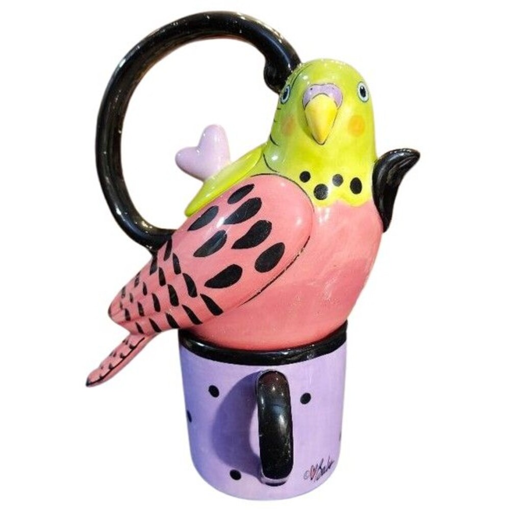 T4 Babs Yellow/Pink Parakeet Teapot With Lid And Purple Polka Dots Cup Nest 7 In
